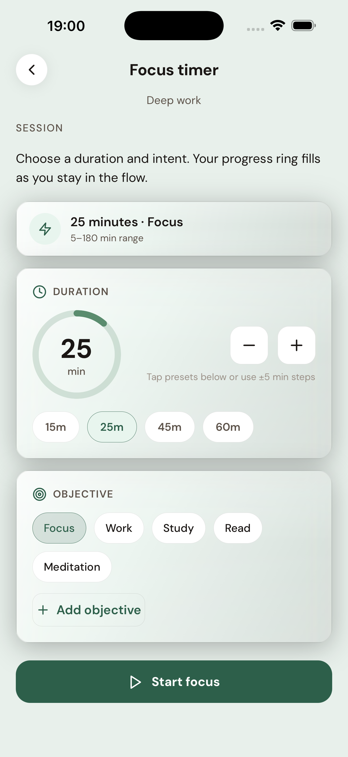 Gruvium Focus timer screen with 25 minute deep work session setup