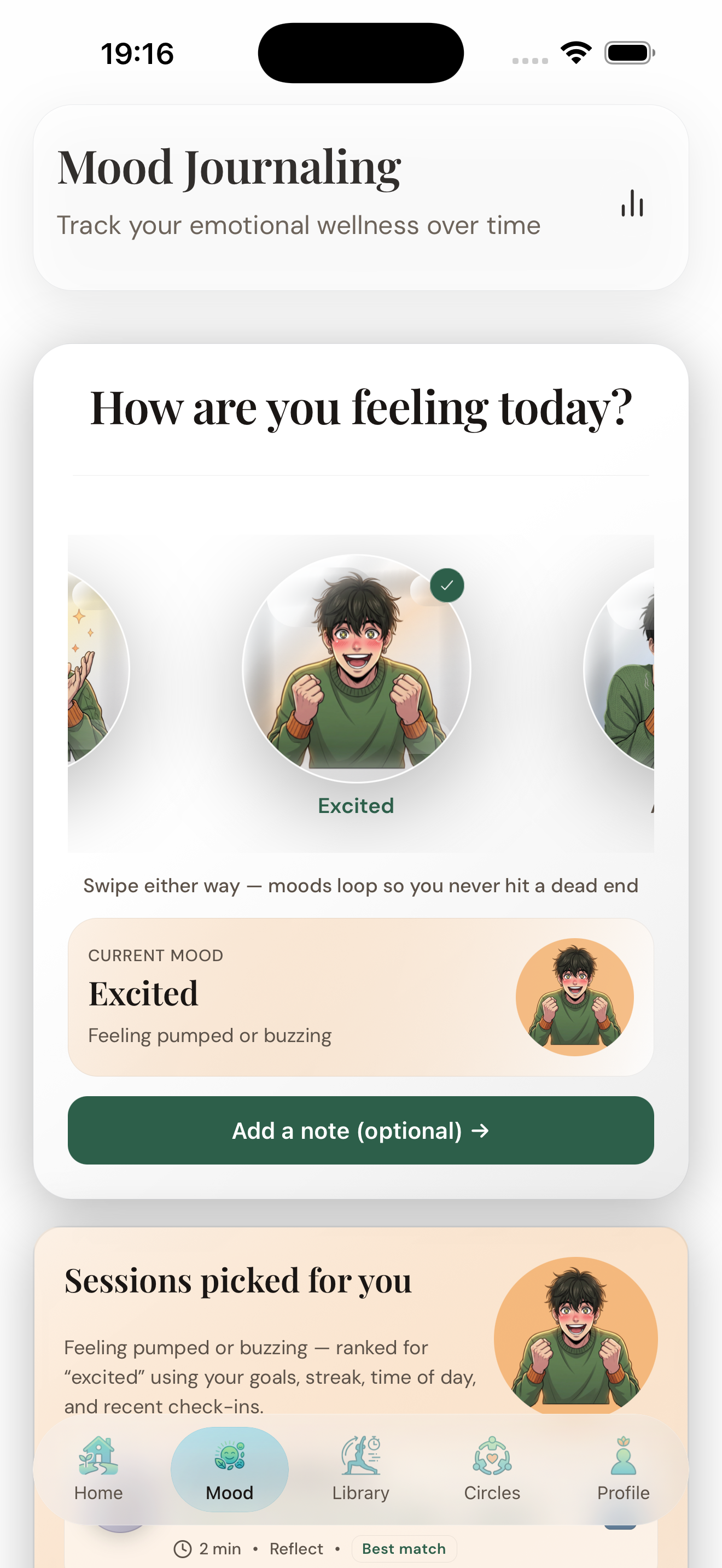 Gruvium Mood Journaling screen with Excited mood selected and personalized sessions