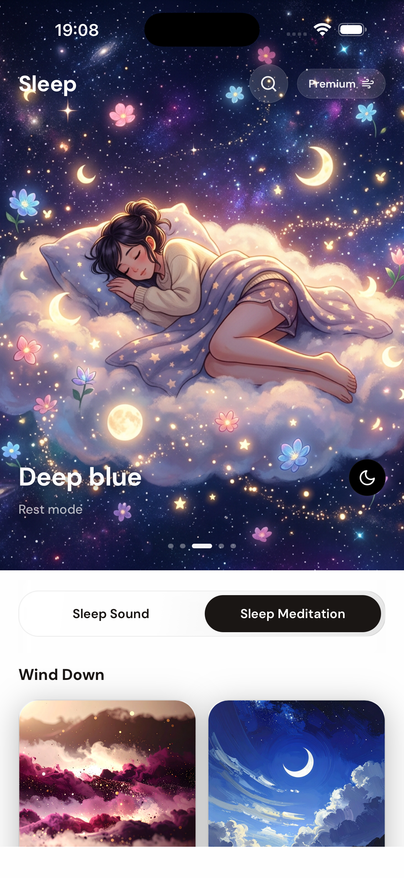 Gruvium Sleep screen showing Deep blue rest mode and Wind Down content