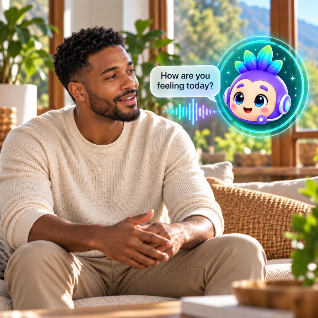 A person talking with Gruvi, who asks how they are feeling