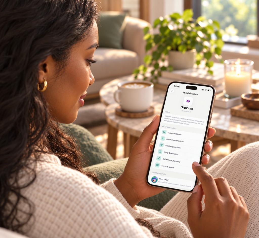 A person reading the About Gruvium screen on a phone