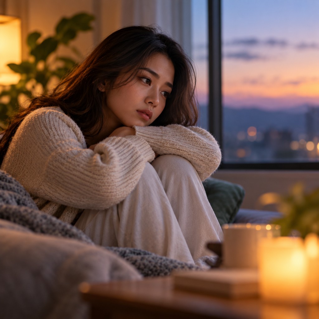 A woman resting by a window at twilight